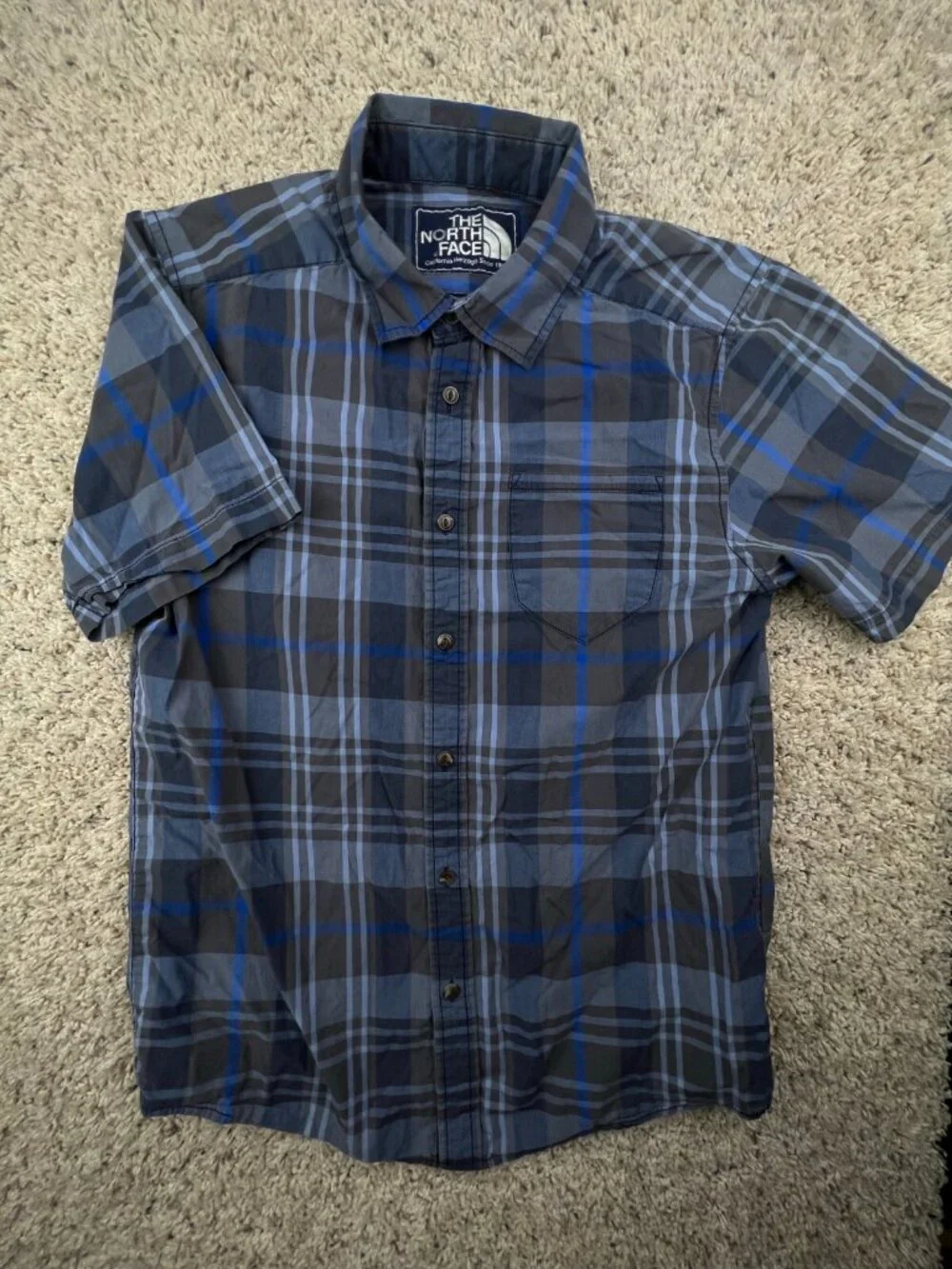 North Face Shirt Mens Short Sleeve Button Up Blue Gray Plaid Size Small Smol